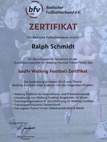 badfv Walking Football-Zertifikat des Badischen Fußballverbandes für Ralph Schmidt